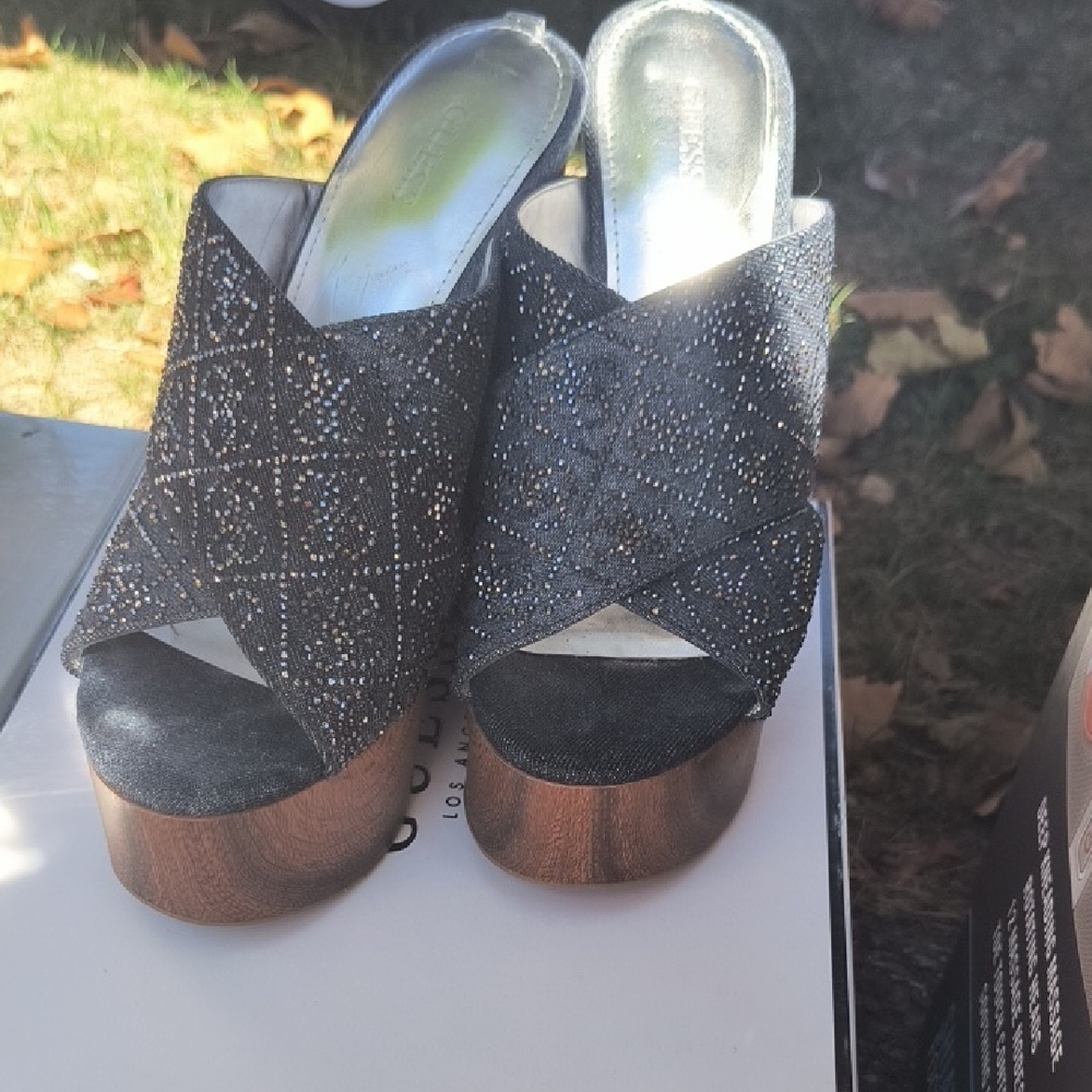Guess Black and Silver Mules with Wooden Heel
